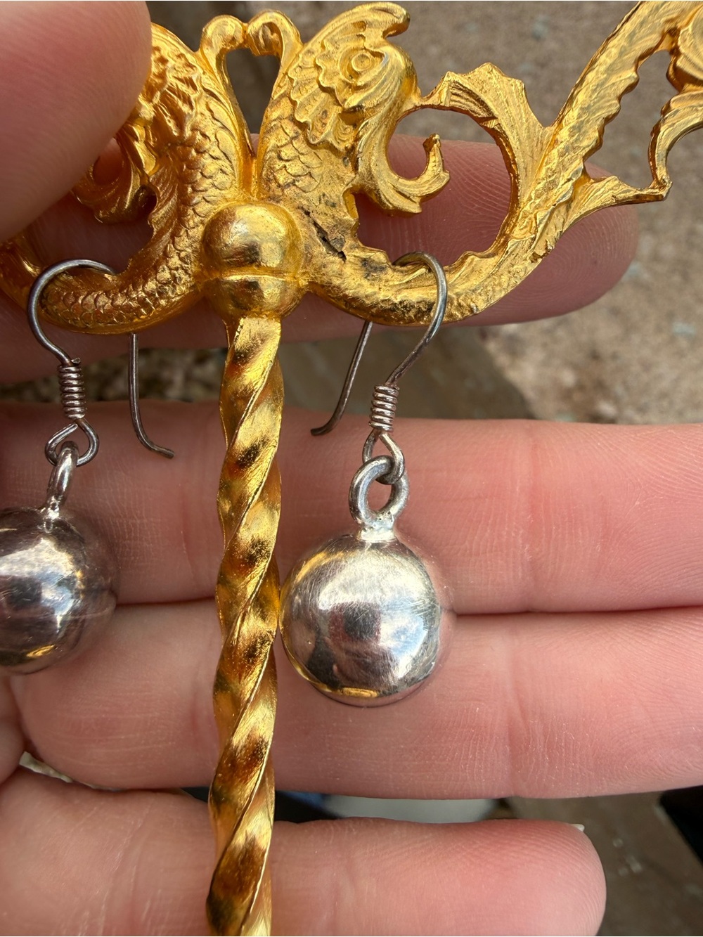 Vintage Sterling Silver Chime Ball Drop Earrings 925 Round Bell Dangle - Picture 2 of 3